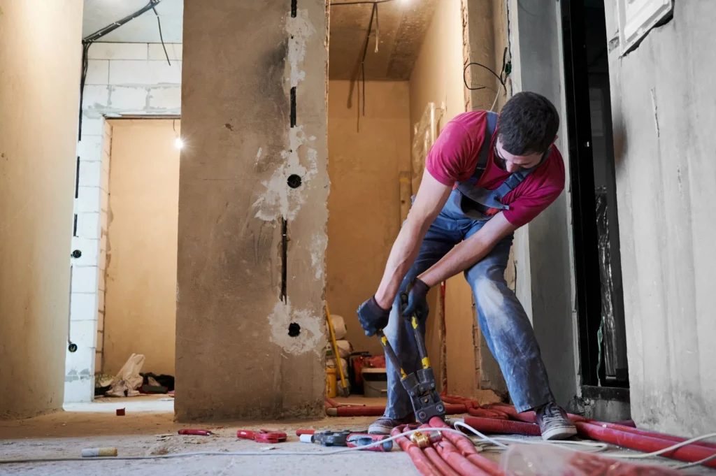 trabajador cortando tubos